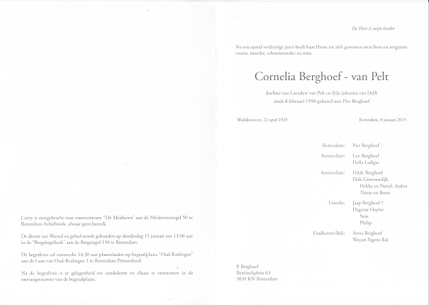 Rouwkaart Corry Berghoef - van Pelt