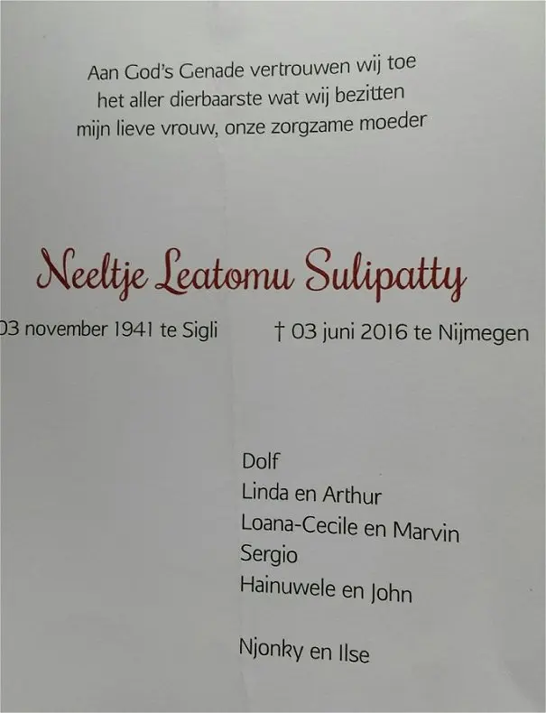 Rouwkaart Neeltje Leatomu Sulipatty